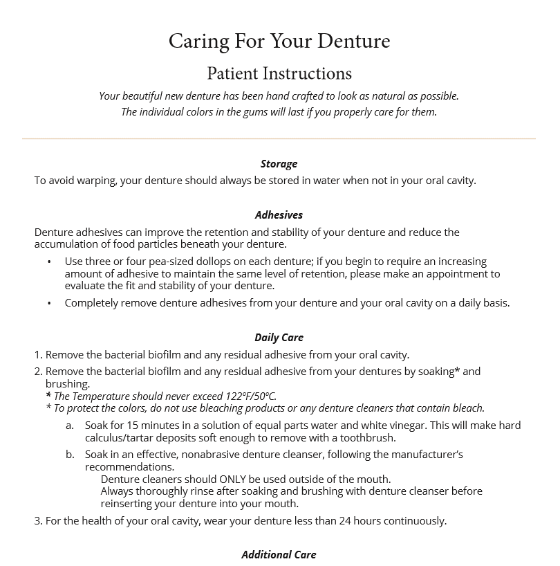 Information from Dr. Rice on caring for dentures
