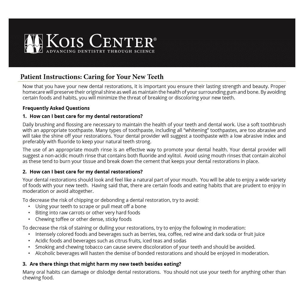 caring–for-your-new-teeth Kois Center information on caring for new dental restorations