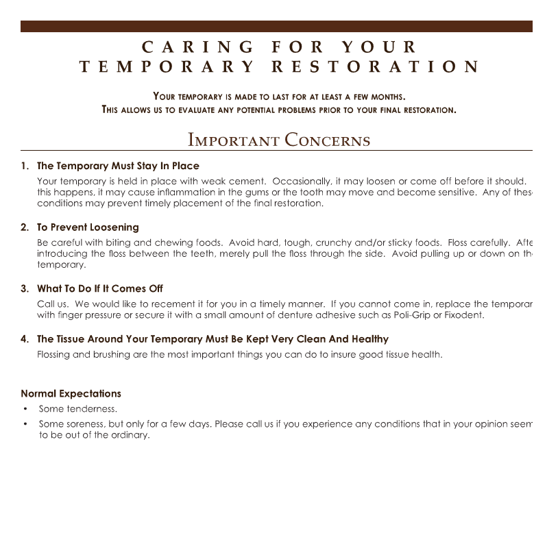 information on caring for temporary restorations