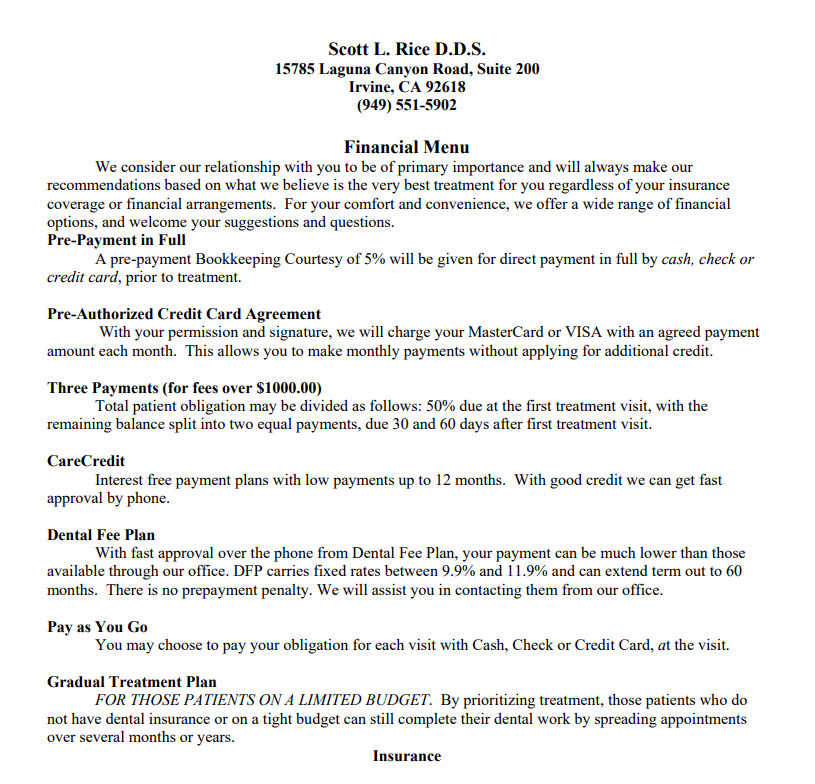 Financial agreement for the office of Dr. Scott Rice