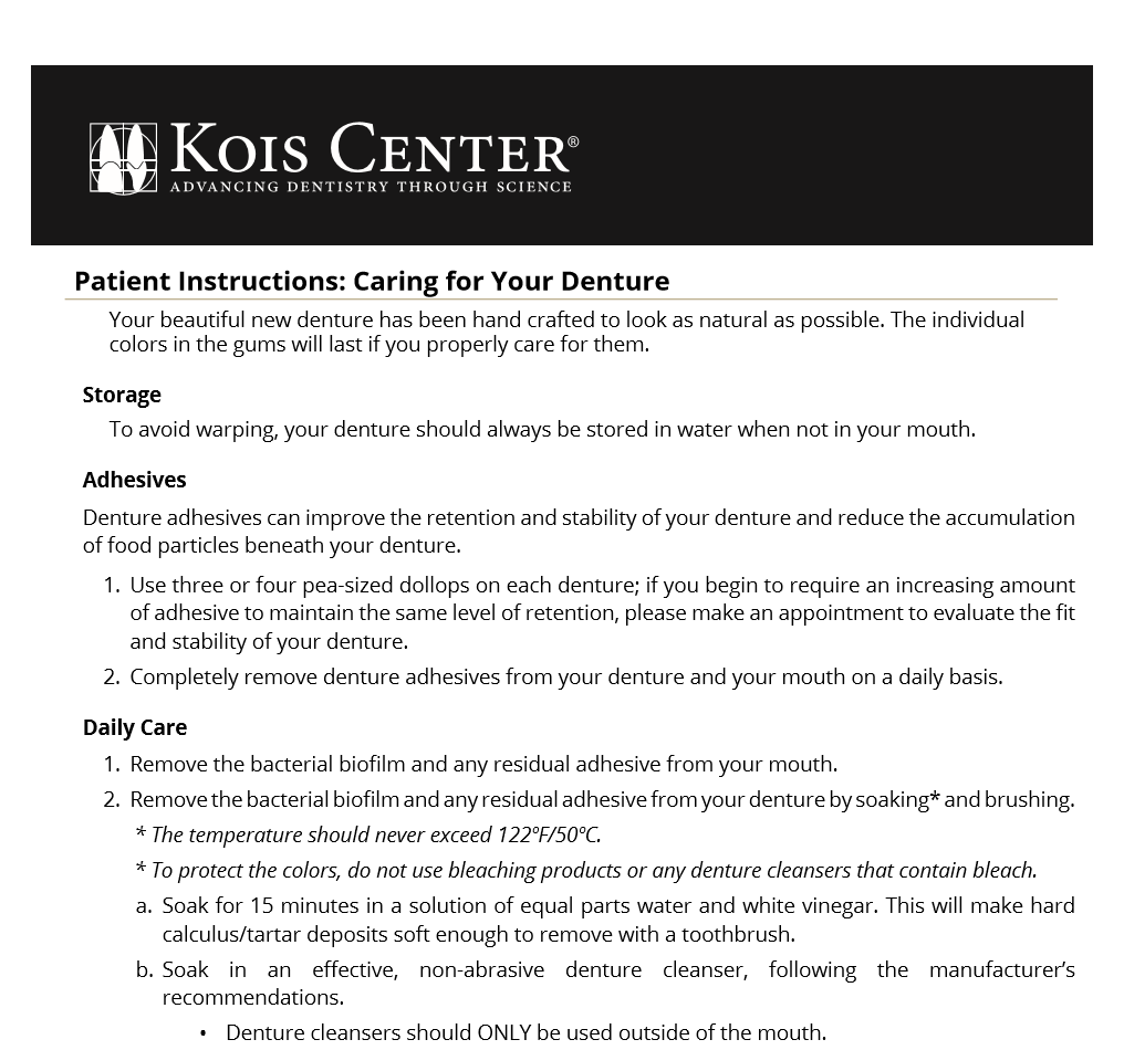 Kois Center instructions for caring for dentures