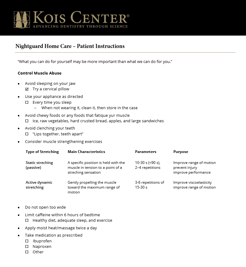 Nightguard information for homecare